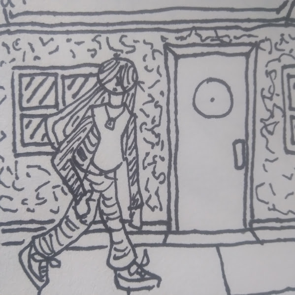 a drawing of a guy walking