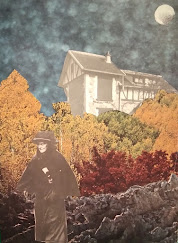 a collage of a witch walking in woods in the fall with a house in the background at dusk